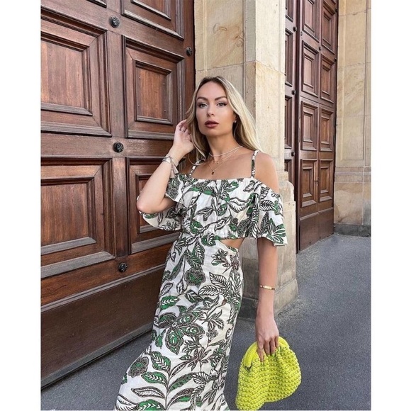 Zara Floral Leaf Print Linen Blend MIDI dress size small boho bloggers favorite - Picture 3 of 15